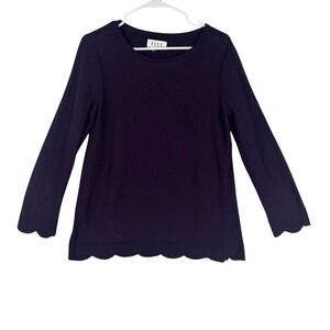 ELLE Purple Textured Knit Top Scalloped Hem Long Sleeve Crew Neck Small
